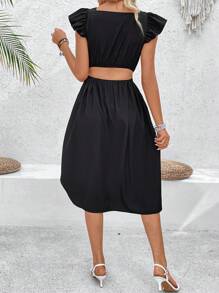 Breezaya Vestido De Encaje De Remiendo De Mujeres Con Cuello De Corazón Y Mangas Cortas De Revuelo - Negro - Ver 2