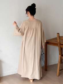 FRIFUL Women's Solid Color Single-Breasted Drop Shoulder Dress - Apricot - View 5