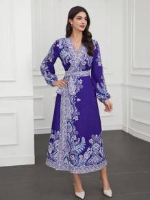 Seusyu Vestido Cruzado De Mujer Con Mangas De Linterna Y Estampado De Cachemira - Multicolor - Ver 6