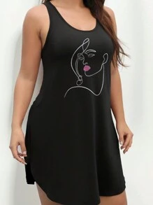 Calvaya Simple Abstract Face Printed Plus Size Women's Tank Dress