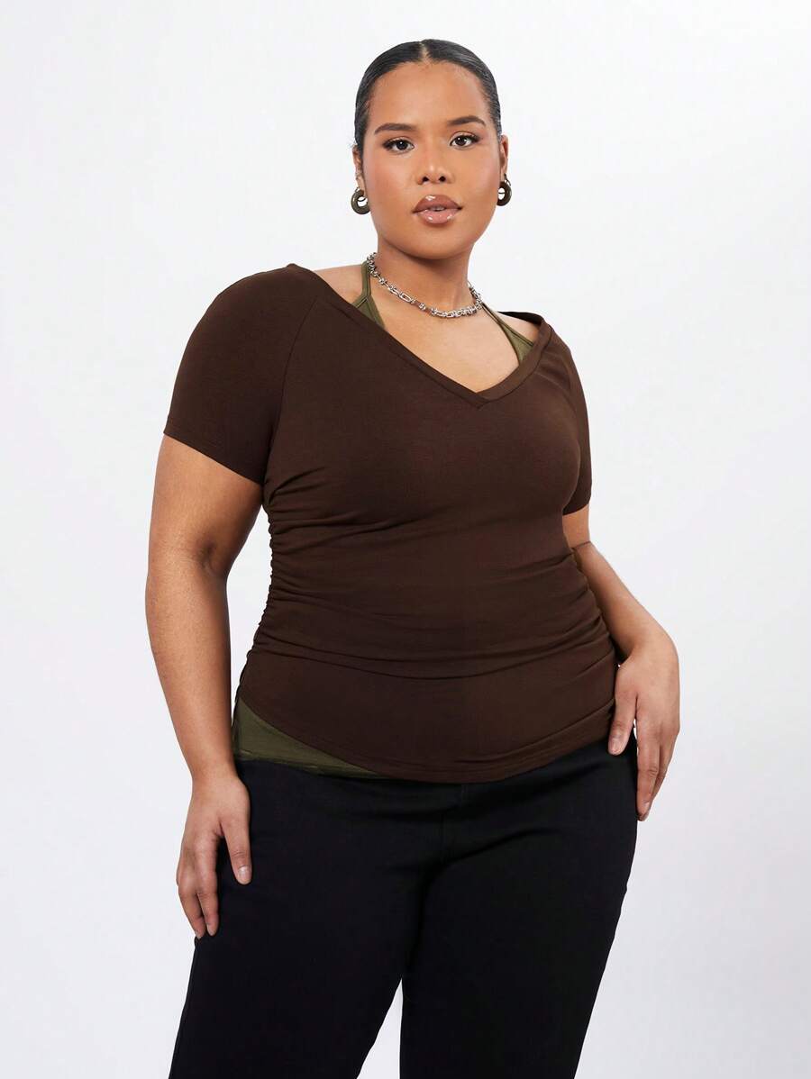 Forever 21 Plus Size Women's Slim Fit 2 In 1 T-Shirt - Brown - View 1