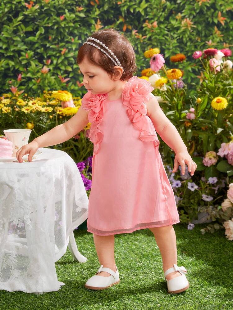 Baby Girl's Cute & Solid Color Mesh Contrast Dress With Ruffle Trim, Sleeveless