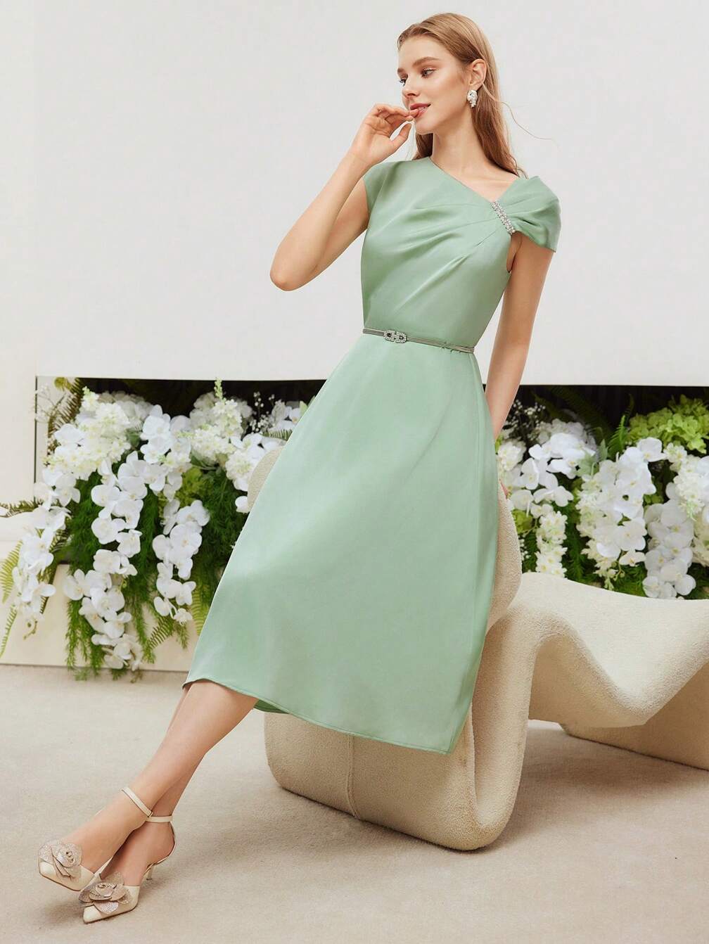 pleated holiday dress Rose Coast Asymmetric Pleated Midi Holiday Dress With Gold Detail