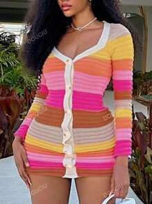 Color Block Button Front Bodycon Sweater Dress