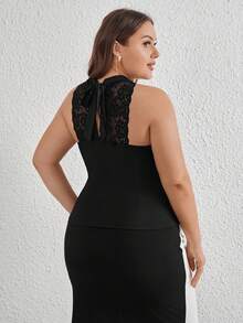 SHEIN Privé Áo ba lỗ cổ không tay có ren phối ren dành cho nữ cỡ lớn - màu đen - Xem 2