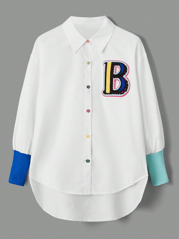 SHEIN Qutie Camicia A Blocchi Di Colore Stampata Con Lettera B Taglie Forti Da Donna