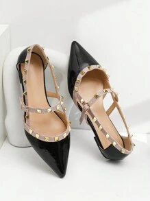 Fall/Winter New Arrival Black Patent Leather Flat Shoes With Rivets, Pointed Toe, Low Vamp And Buckle Strap - Black - View 6