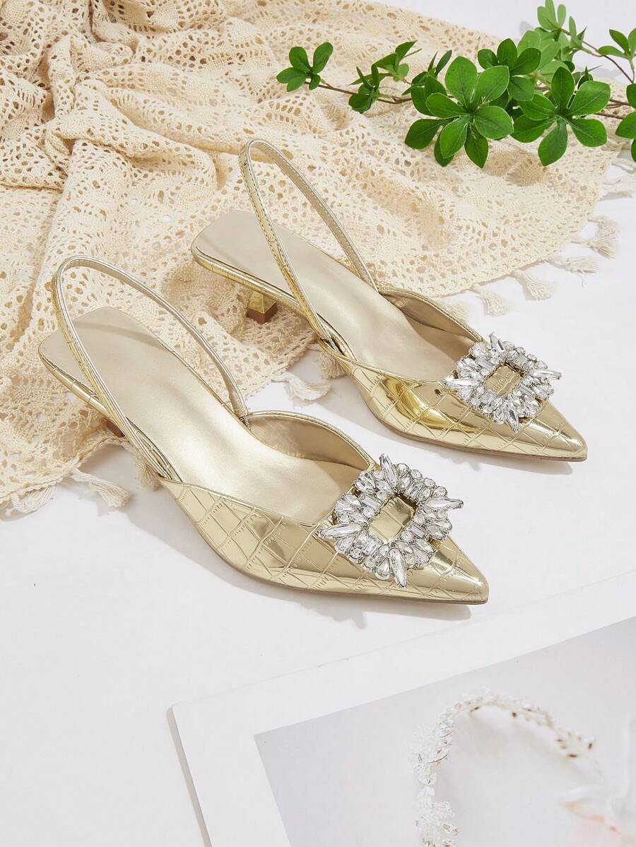 Women's Sweet Princess Style High Heels With Rhinestones, Quality Pointed Toe New Shoes (Random Stone Pattern) - Gold - View 1