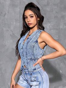 SHEIN EZwear 無袖牛仔扣前小衫,v領設計 - 中等水洗藍 - 查看 3