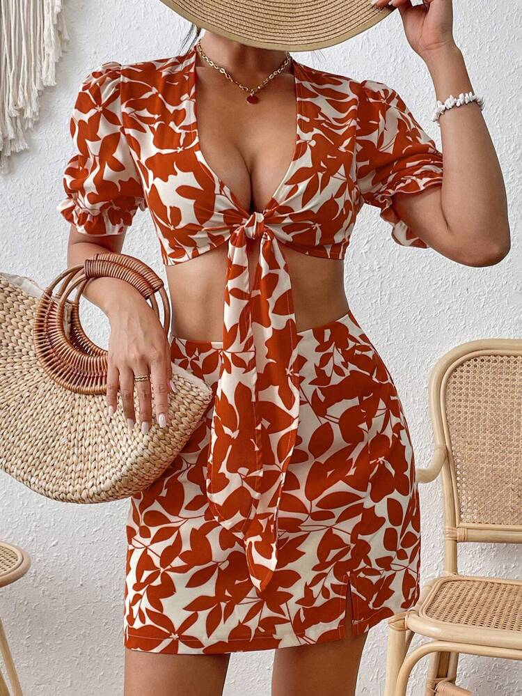 Ladies' Plant Printed Tie Front Cropped Top And Skirt Set