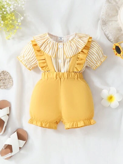 Baby Girl Casual Elegant Striped Short Sleeve Shirt And Suspender Shorts For Summer