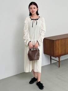 Của phụ nữ Xếp li Tay áo Sọc Tay áo dài Đầm - Màu Khaki - Xem 4