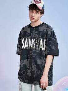 Men's Letter & Dollar Sign Printed Short Sleeve T-Shirt - Black - View 2