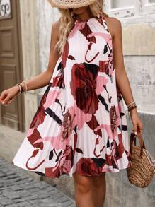 EMERY ROSE Floral Print Pleated Halter Neck Dress