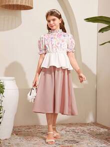 SHEIN Áo sơ mi ngắn tay kiểu dáng thường ngày cho bé gái tuổi teen, họa tiết hoa, viền bèo nhún và cổ đứng, thích hợp cho mùa xuân và mùa hè. - trắng - Xem 5