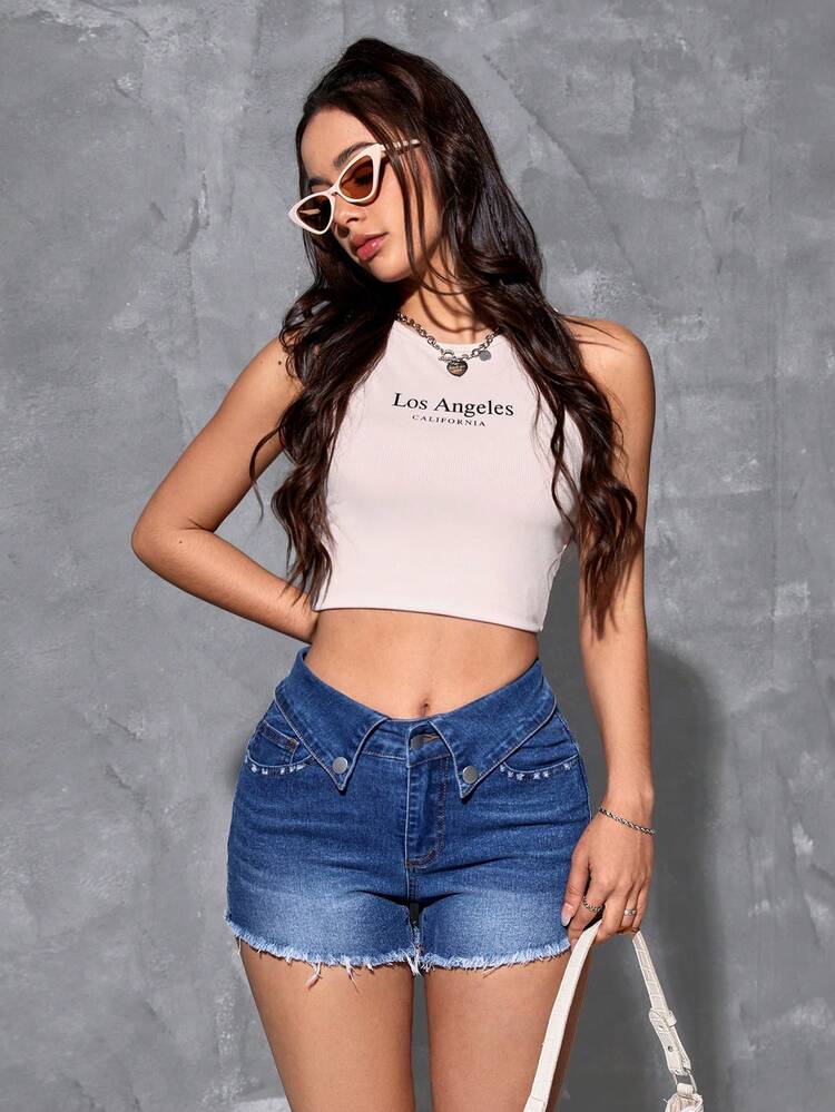 Washed Denim Shorts With Folded Waist And Frayed Hem
