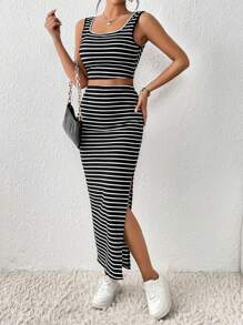 Chiquease 條紋印花短款背心和高衩半身裙 - 黑色 - 查看 6