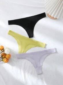 3pcs Ladies' Solid Color Mesh Thong