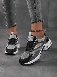 Women's Solid Color Mesh Sneakers, Lace Up Breathable Flat Air Cushion Sporty Trainers, Lightweight Low-Top Shoes