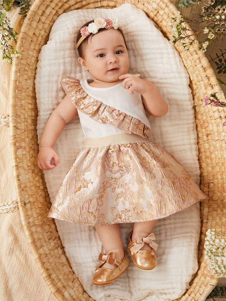 Newborn Baby Girl Color Block Splicing Jacquard Fabric Round Neck Sleeveless Blouse With Ruffle, A-Line Skirt Set