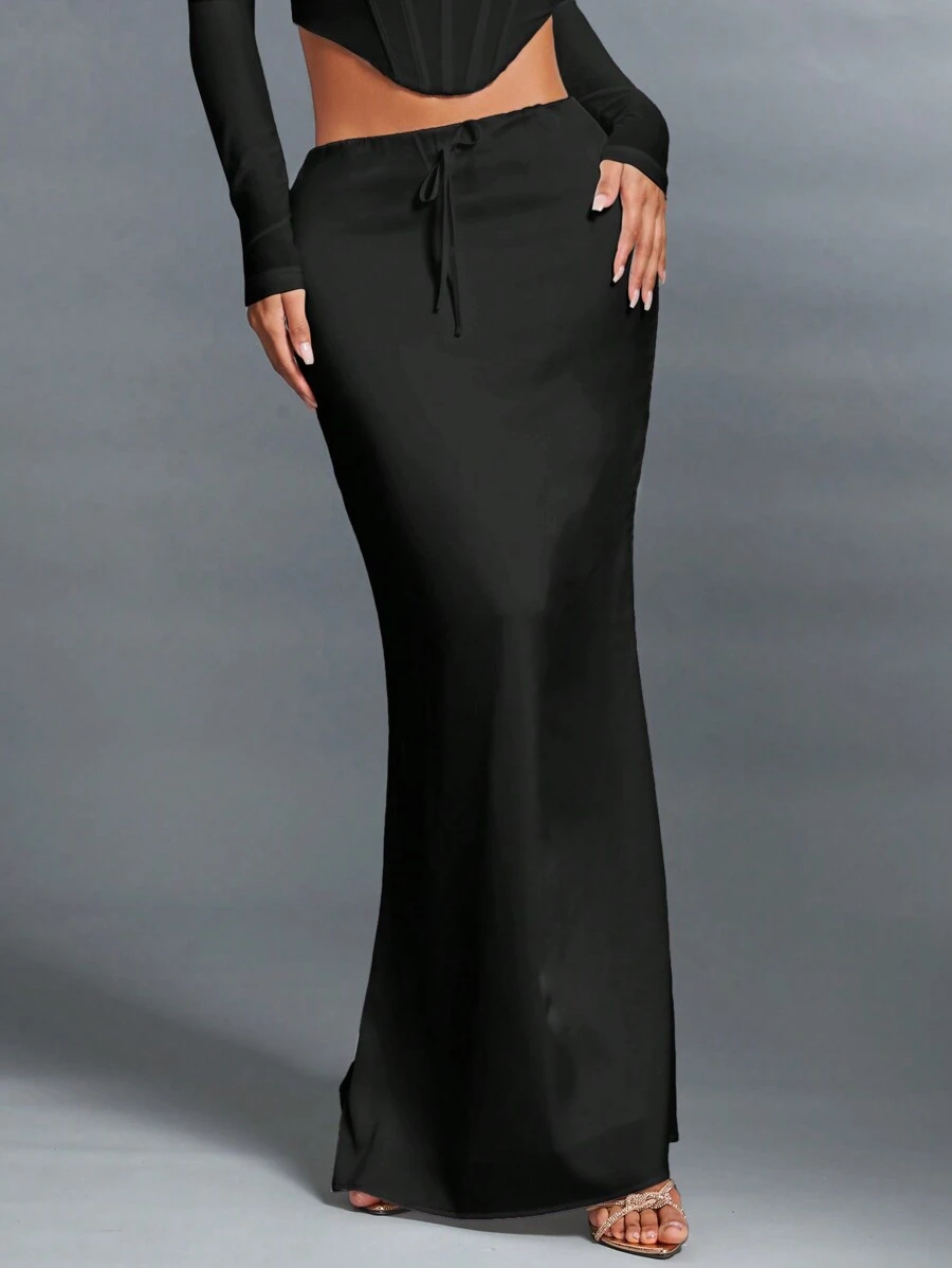 SHEIN BAE 緞面人魚款式低腰優雅長派對裙適用約會 - 黑色 - 查看 1