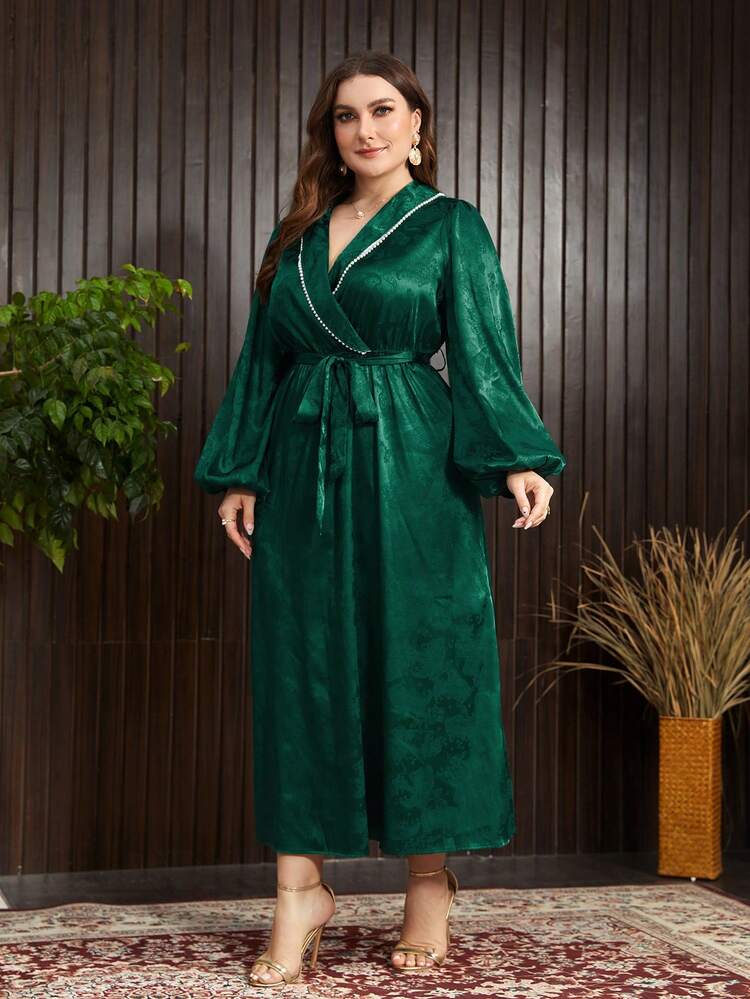 Plus Size Women's Lantern Sleeve Floral Jacquard Dress With Gathered Waist Long Evening Dresses