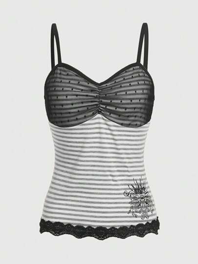 Fairycore Top de tirantes con estampado de rayas & de dibujo con encaje en contraste