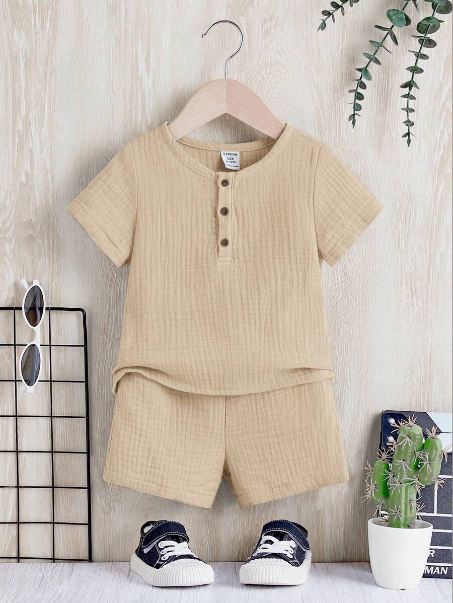 SHEIN Leap Crew Đứa bé trai Nút lên Tay áo ngắn Áo sơ mi Và Quần short Giải trí Thoải mái - Màu be - Xem 1