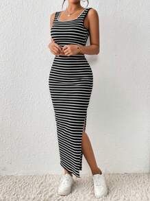 Chiquease 條紋印花短款背心和高衩半身裙 - 黑色 - 查看 5