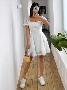 SHEIN Unity Của phụ nữ Cổ vuông Ngắn Ống tay áo Bong bóng Đầm - trắng - Xem 5