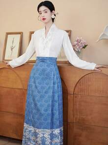 風改良版漢服馬面裙,具漢族元素 - 藍色 - 查看 5