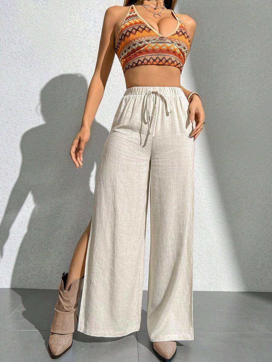 SHEIN PETITE Của phụ nữ Eo cao Khe Mặt trước Quần ống rộng Với thắt lưng - Màu Khaki - Xem 1