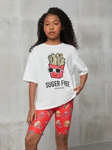 SHEIN Tween Girl Casual Khoai tây chiên kiểu Pháp & Bộ áo ngắn tay in chữ và quần short có đường viền cổ tròn, mùa xuân/hè - Nhiều màu - Xem 3