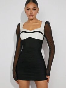 Hauture Colorblock Sheer Sleeve Ruched Dress - Black and White - View 5