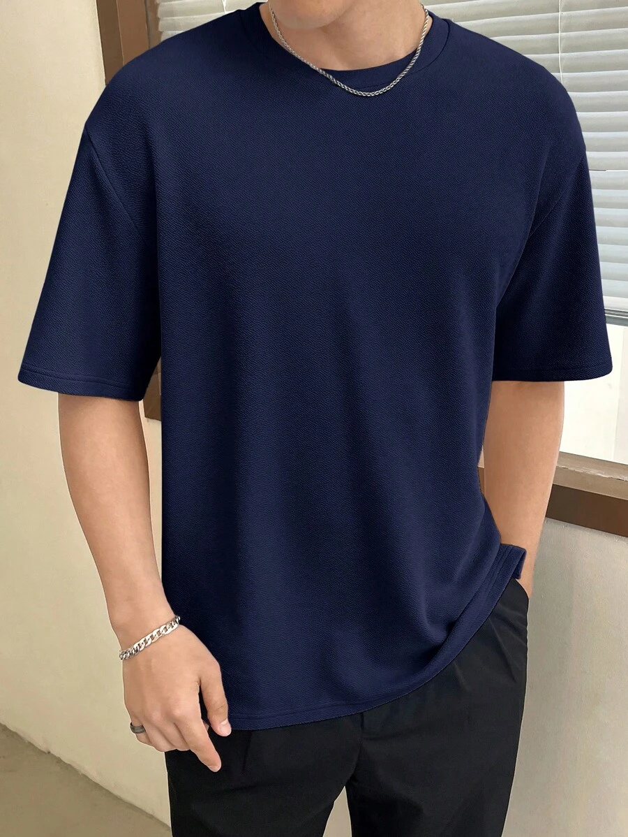 Manfinity RebelGame Camiseta De Manga Corta De Cuello Redondo Para Hombre, Tejido De Punto En Color Sólido - Azul Marino - Ver 1