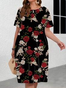 EMERY ROSE Đầm ôm tay ngắn in hoa hồng thanh lịch cỡ lớn cho nữ mùa hè - màu đen - Xem 4