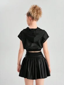 SHEIN Teen Girl Glitter Patchwork Hooded Top And Skirt Sportswear Set