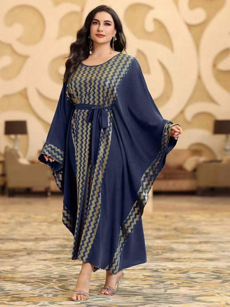 Al Najma Plus Size Printed Patchwork Batwing Sleeve Dress Kaftan Jalabiya Dress - Navy Blue - View 6