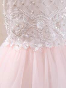 SHEIN Premium Flower Girls Dress For Weddings, Embellished Princess Style Net Tulle Gown For Teen Girls, Graduation Ceremony & Birthday Party