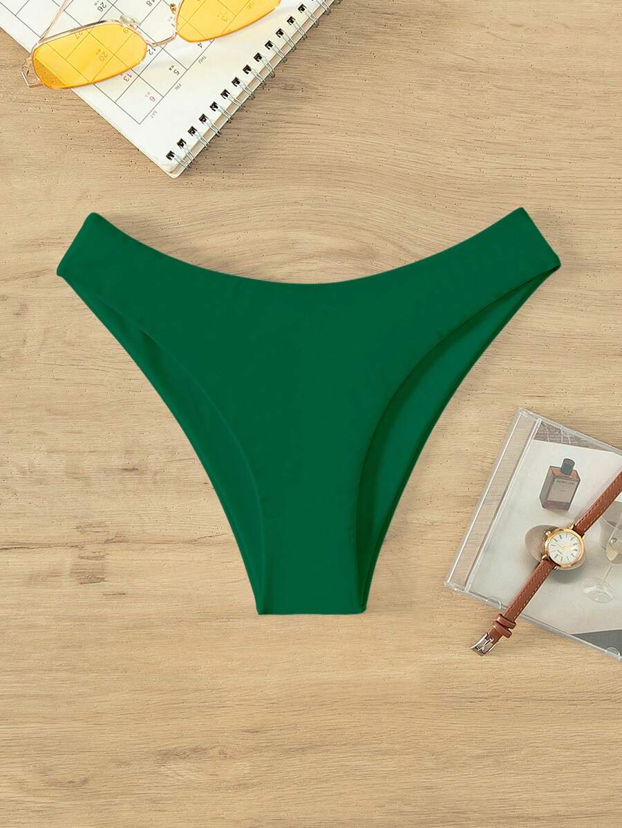 SHEIN Swim Summer Beach Solid Color Casual Bikini Bottom - Green - View 1