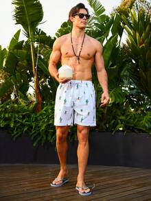Surfspeed 男士束口腰部仙人掌印花沙灘短褲 - 白色 - 查看 6