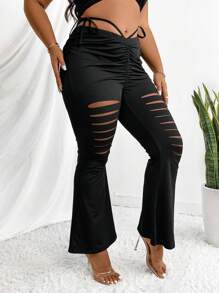 Allurite Plus Size Women's High-Waisted Ruched Ripped Pants