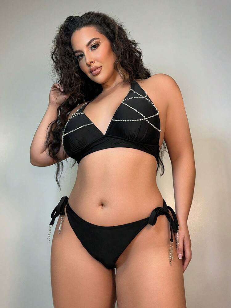 Summer Plus Size V-Neck Rhinestone Embellished Halter Bikini Set