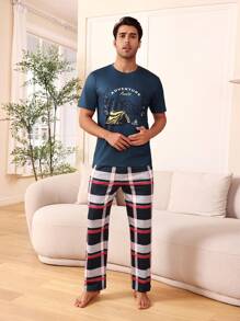 Herren Berg- Und Buchstabe-print-oberteil Mit Karierten Langhosen Homewear Set