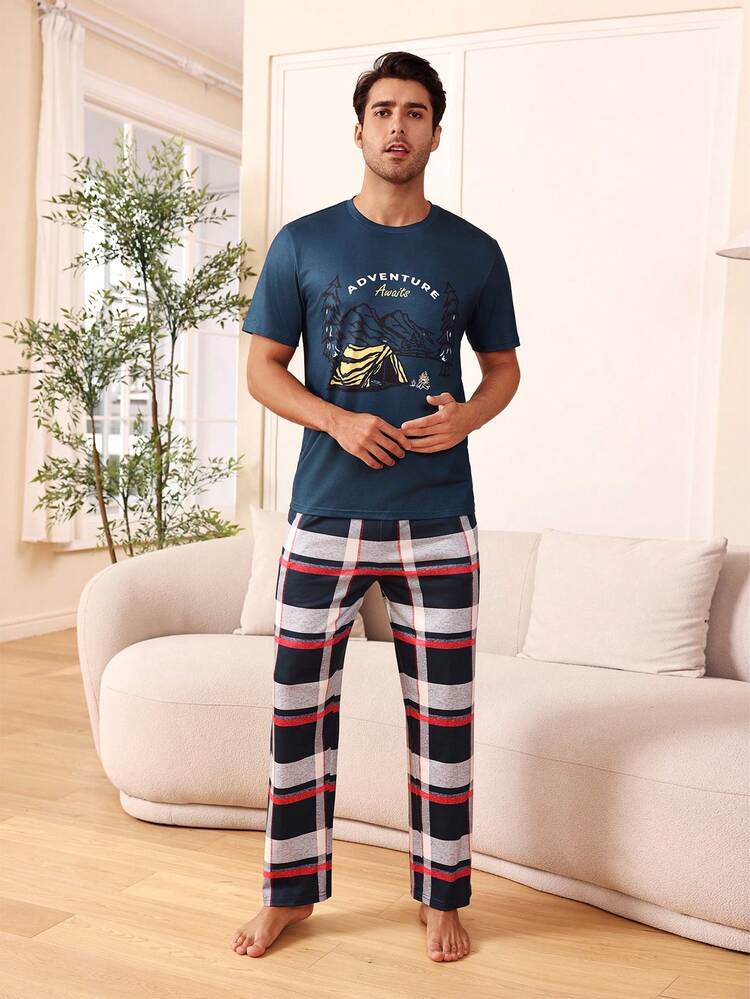 Men's Mountain & Letter Print Top And Plaid Long Pants Homewear Set