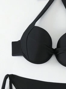SHEIN Swim Solid Color Twist Knot Halter Bikini Set, String Bikini Swimwear Bathing Suit Beach Outfit Summer Vacation,Summer Beach - Black - View 4