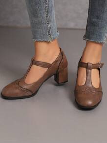 Zapatos De Tacón Cuadrado De Pu, Estilo Vintage Mary Jane En Marrón, Para Primavera Y Otoño De Mujeres - Óxido marrón - Ver 5