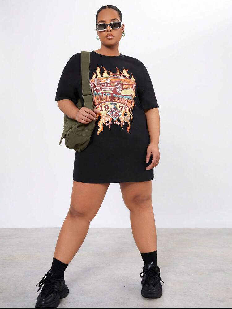 Plus Size Women's Letter & Flame Printed Short Sleeve Round Neck Dress