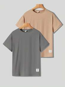 SHEIN 2入組青少年男孩休閒街頭風格字母印花圓領短袖針織t恤 - 彩色 - 查看 2