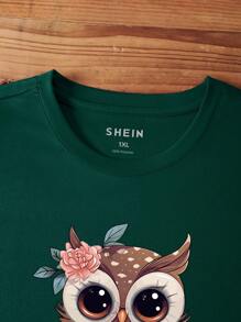 INAWLY 大码猫头鹰印花短袖 T 恤，夏季 - 墨綠色 - 查看 6
